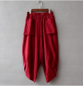 Kahki gray wine red black colored cotton linen good quality swing cropped bloomers pants harem hip hop dance performance trousers pants 